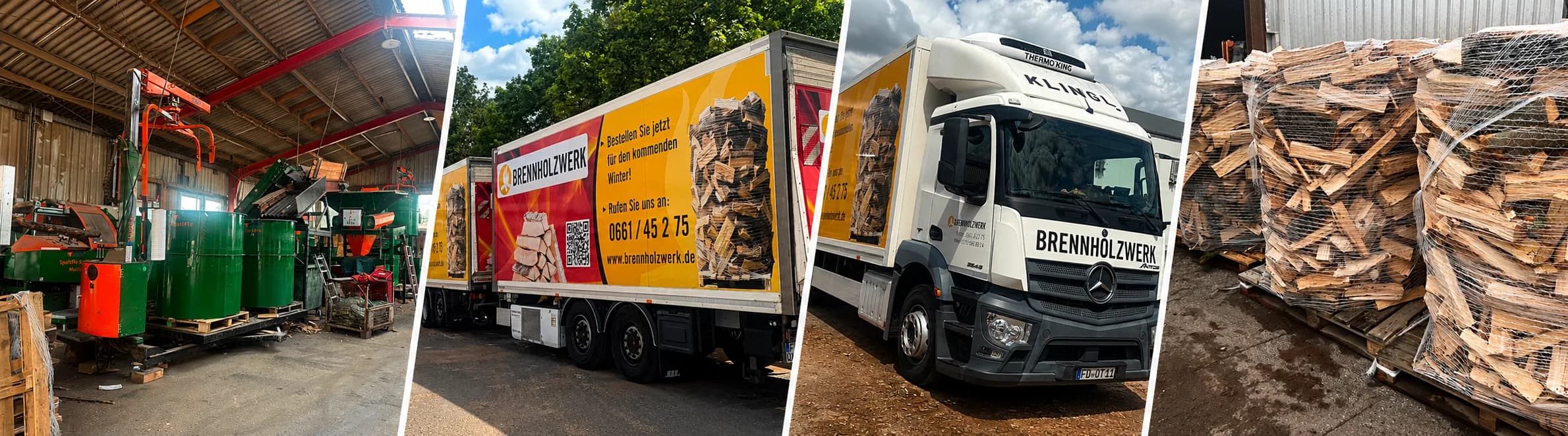Brennholzwerk: Schneid-Spalt-Automat im Werk, eigene Lkw und PackFix-Paletten mit Buchenscheitholz